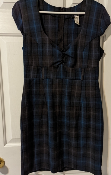 Plaid Charcoal and Teal Sheath Dress - Picture 1 of 9